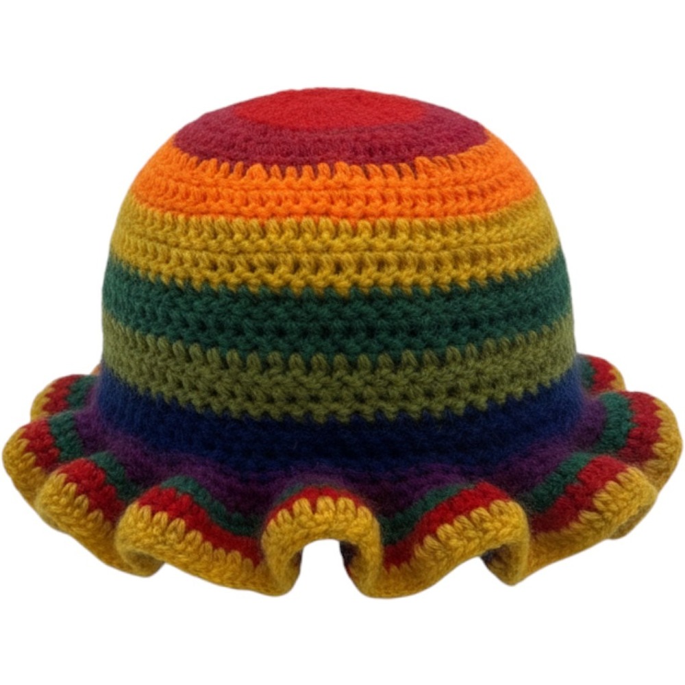 Handmade Crochet Rainbow Ruffle Bucket Hat Striped Multi Color Festival Boho